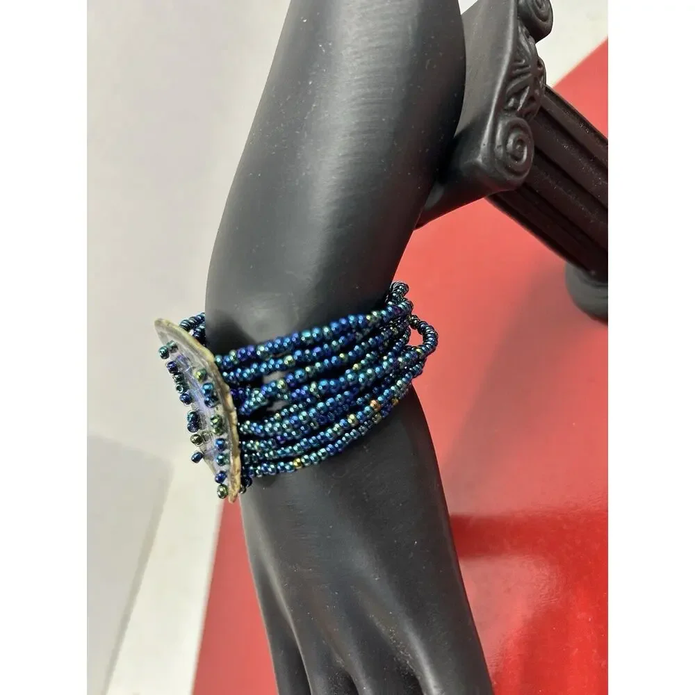 Multi strand‎ Bracelet Blue Glass Seed Bead Chunky Faux Jewelry Statement Beauty